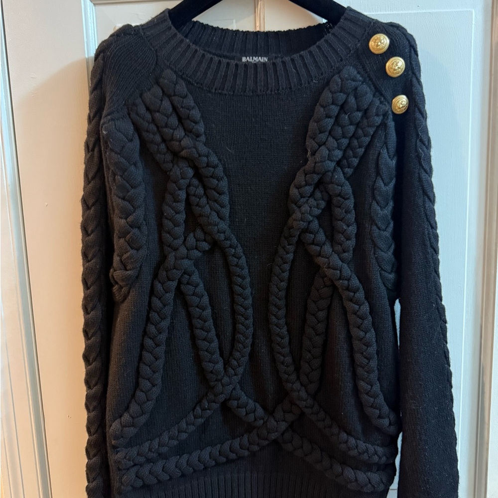 Balmain Charcoal Cable Knit Sweater with Gold Buttons